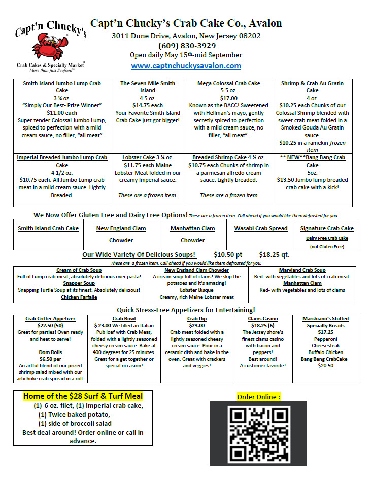 Captn Chuckys Avalon Menu May 2026